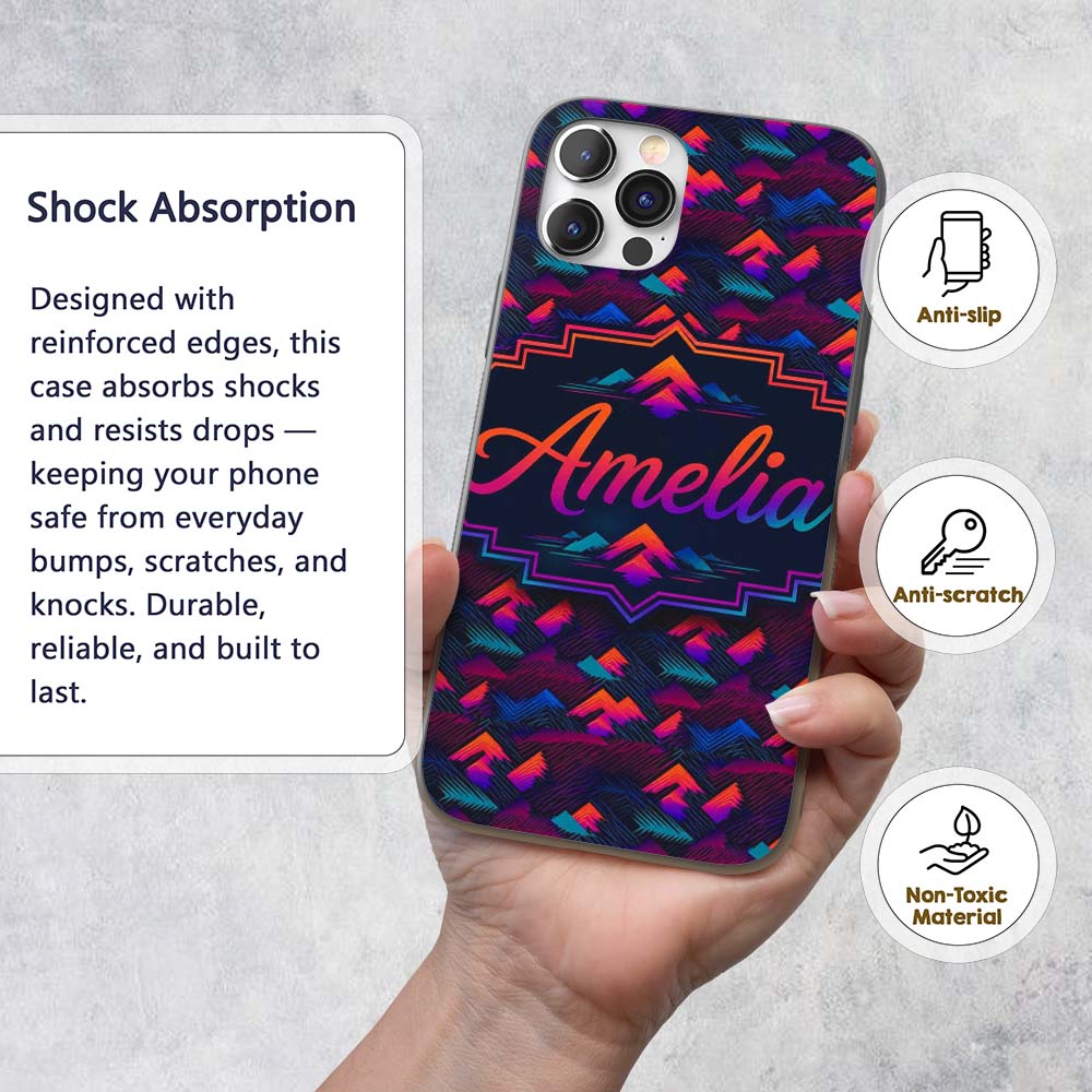 Retro Neon Mountain Shapes Decorative Design Custom Name Protective Phone Case Mobile Cover Durable Everyday Smartphone Shock Resistant