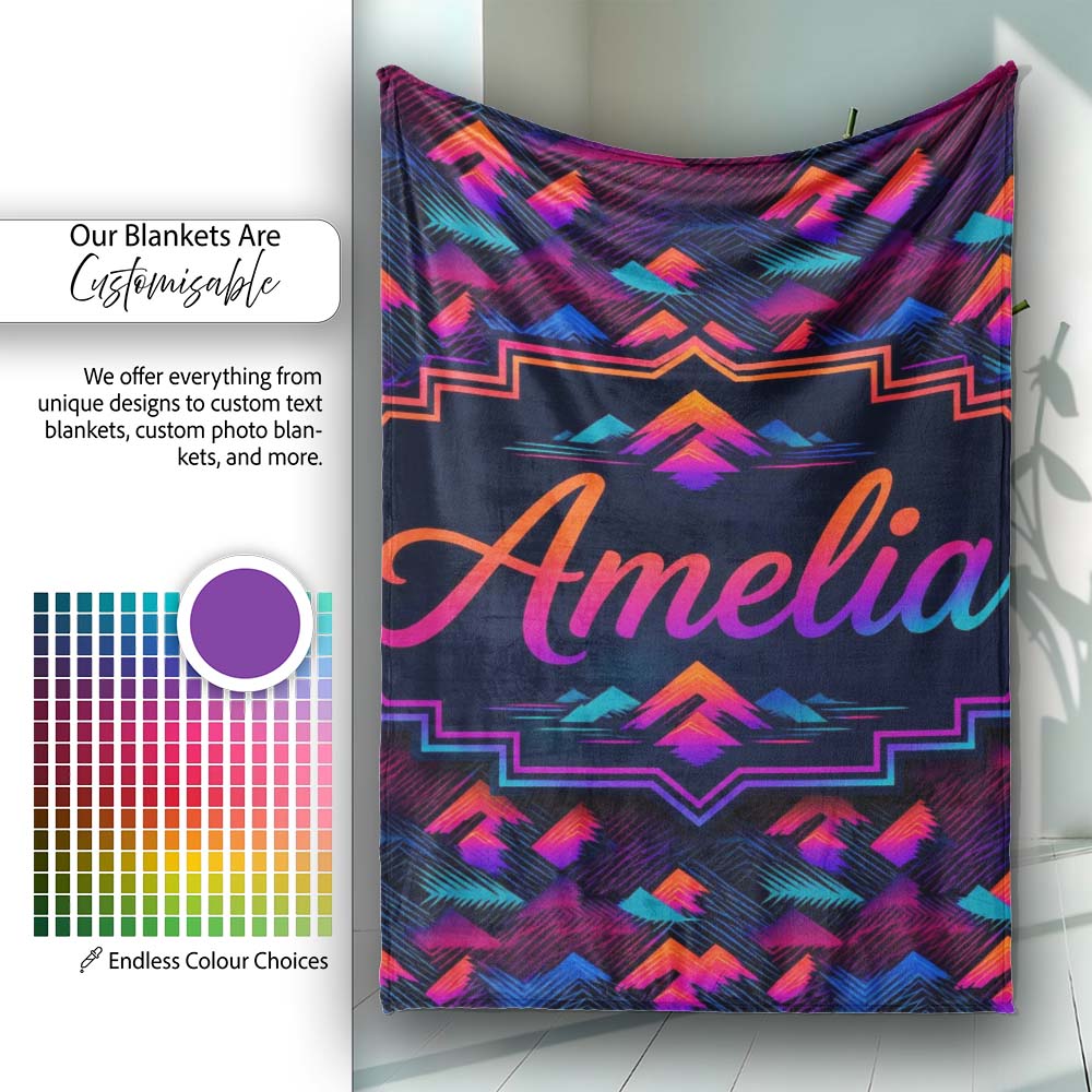 Retro Neon Mountain Shapes Seamless Pattern Vibrant Abstract Personalised Custom Name Super Soft Fleece Blanket Bed Sofa Throw