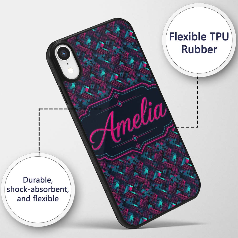 Cyberpunk Circuit Style Geometric Pattern Teal Custom Name Protective Phone Case Mobile Cover Durable Everyday Smartphone Shock Resistant