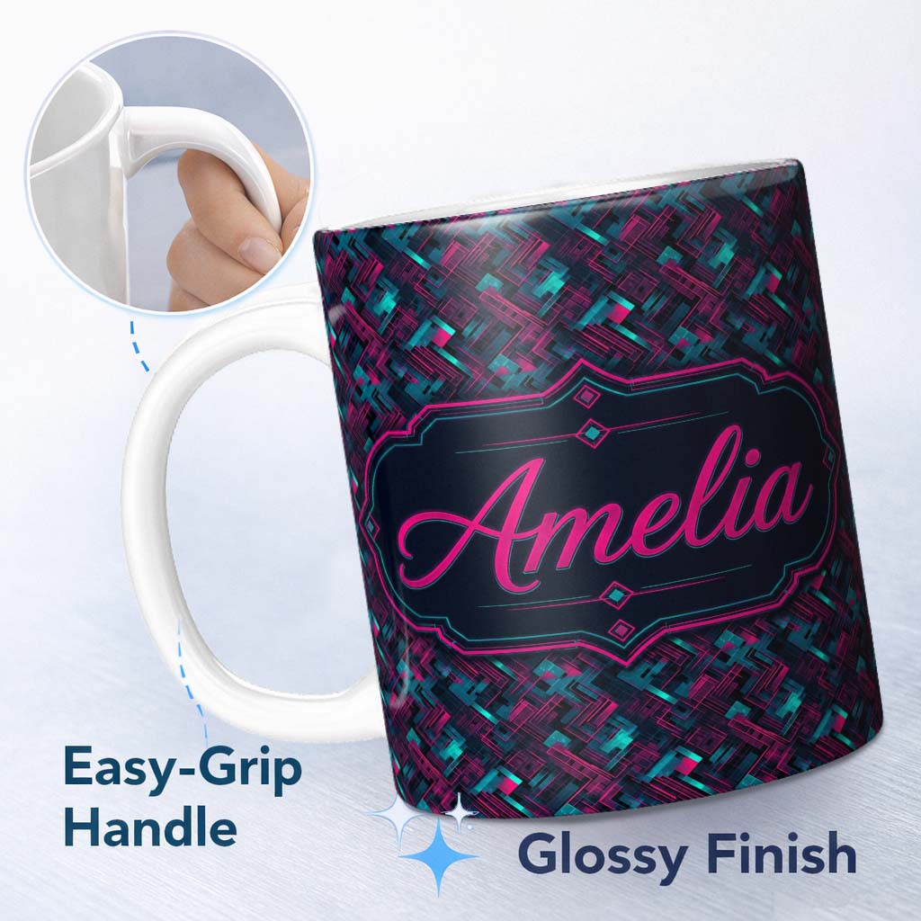 Personalized Custom Name Cyberpunk Circuit Style Geometric Pattern Teal and Magenta Seamless 11oz Ceramic Coffee Tea Mug White Large Handle