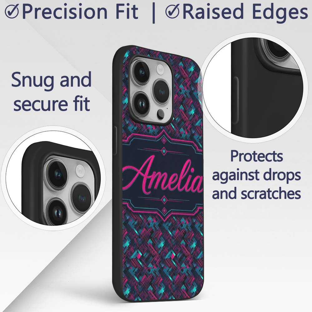 Cyberpunk Circuit Style Geometric Pattern Teal Custom Name Protective Phone Case Mobile Cover Durable Everyday Smartphone Shock Resistant