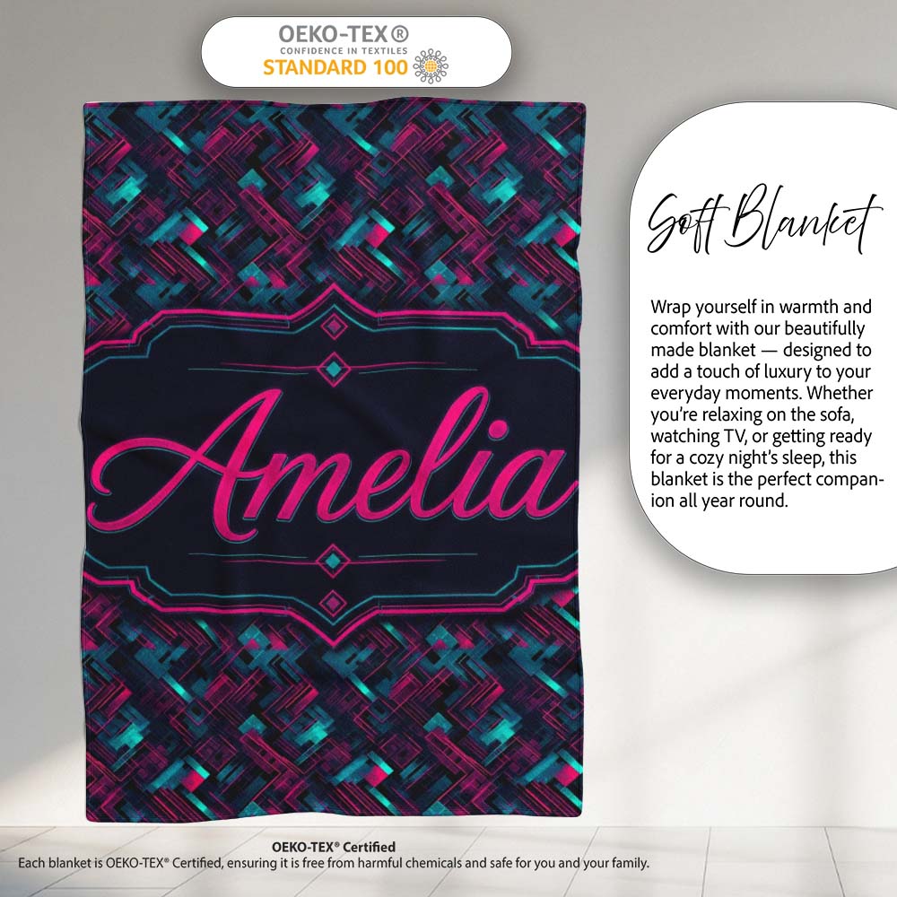 Cyberpunk Circuit Style Geometric Pattern Teal and Magenta Seamless Personalised Custom Name Super Soft Fleece Blanket Bed Sofa Throw