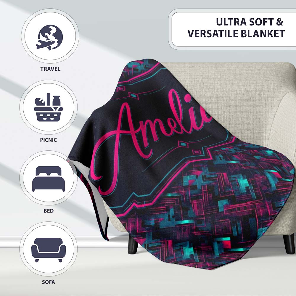 Cyberpunk Circuit Style Geometric Pattern Teal and Magenta Seamless Personalised Custom Name Super Soft Fleece Blanket Bed Sofa Throw