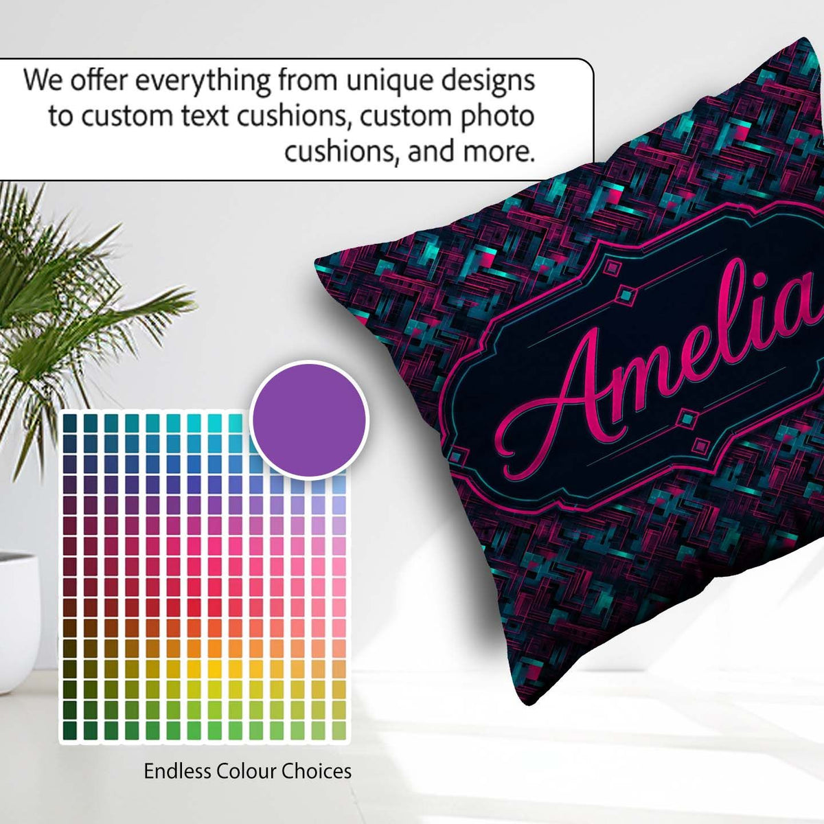 Custom Name Cyberpunk Circuit Geometric Pattern Teal and Magenta Square Filled Cushion Throw Pillow Sofa Bed Home Decor Zip Washable UK Made