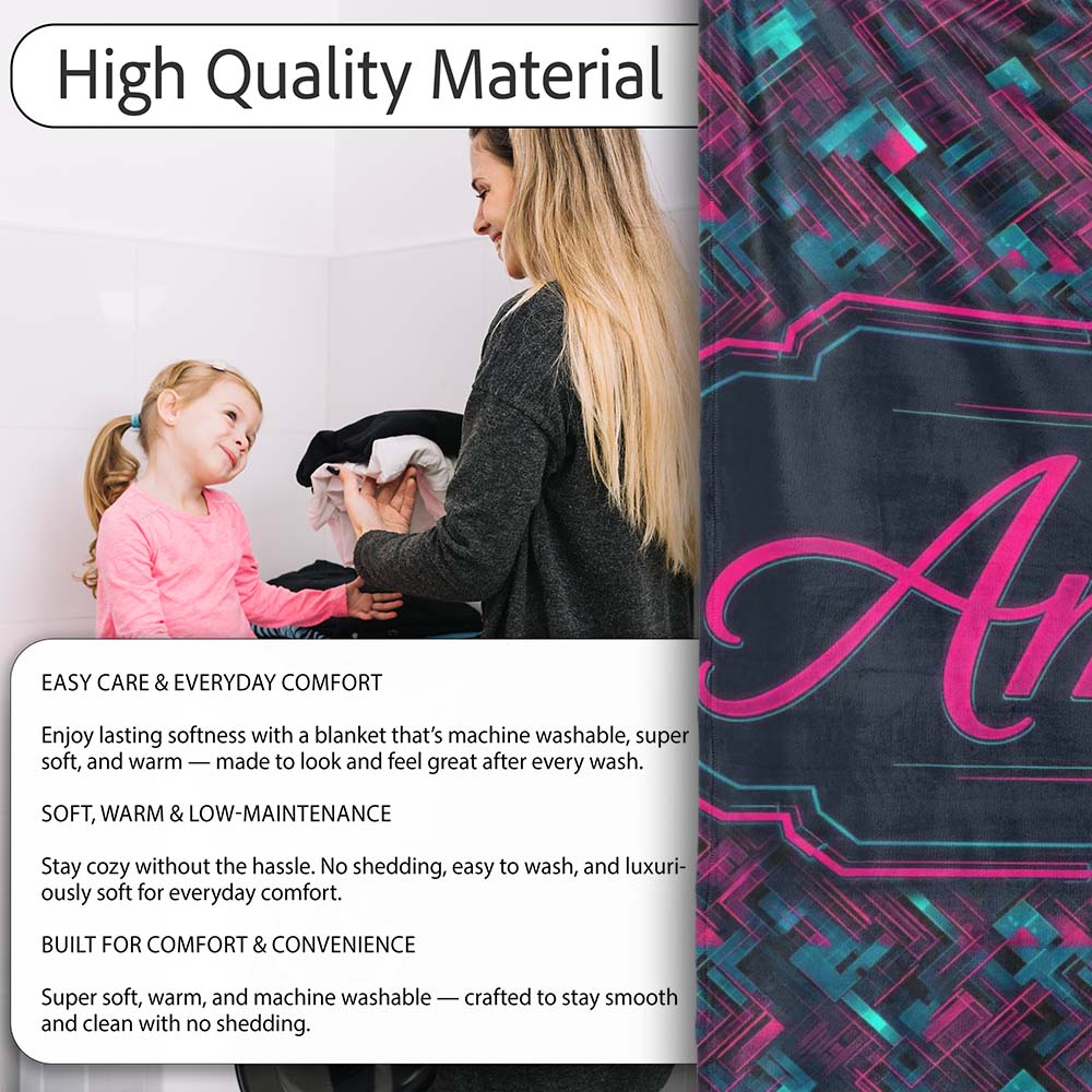 Cyberpunk Circuit Style Geometric Pattern Teal and Magenta Seamless Personalised Custom Name Super Soft Fleece Blanket Bed Sofa Throw