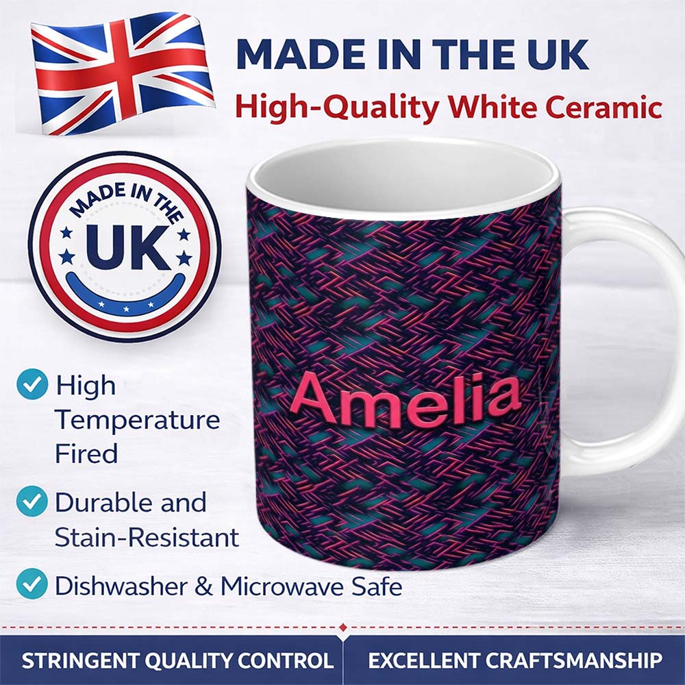 Personalized Custom Name Abstract Neon Zigzag Texture Pattern Dark Background Futuristic 11oz Ceramic Coffee Tea Mug White Large Handle