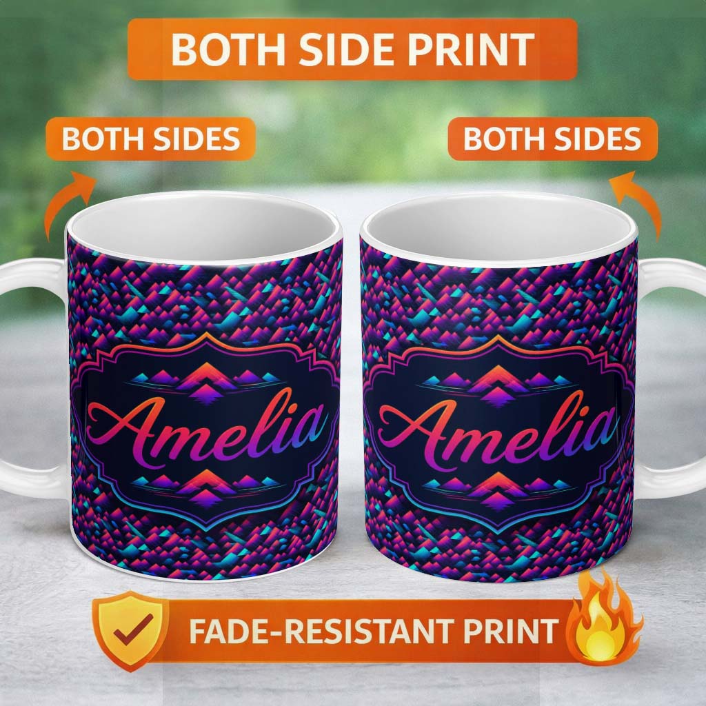 Personalized Custom Name Colorful Neon Mountain Grid Pattern Retro Futuristic Seamless 11oz Ceramic Coffee Tea Mug White Large Handle