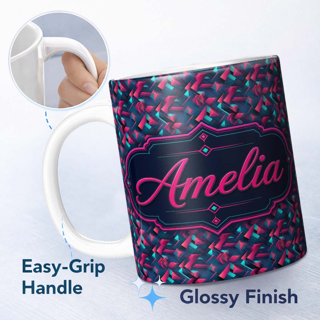 Personalized Custom Name Abstract Neon Polygon Shapes Pattern Dynamic Geometric Seamless 11oz Ceramic Coffee Tea Mug White Large Handle