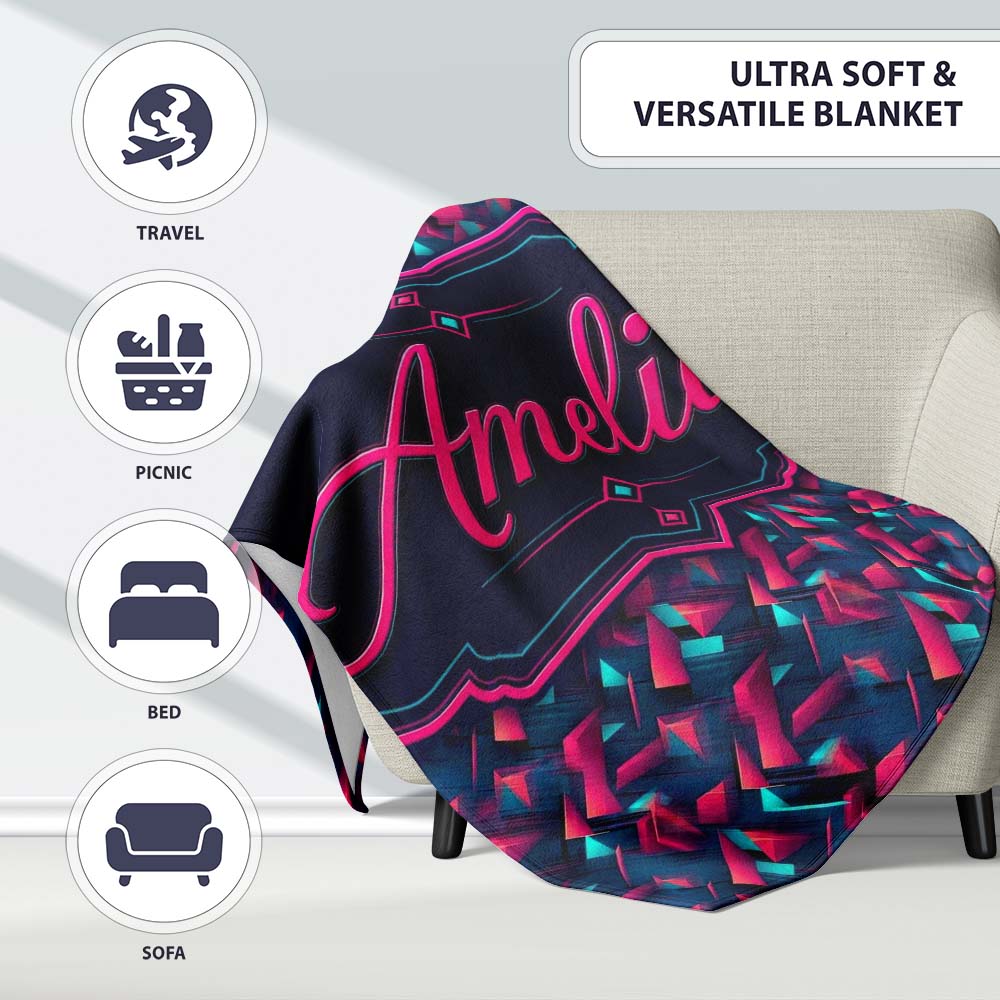 Abstract Neon Polygon Shapes Pattern Dynamic Geometric Seamless Personalised Custom Name Super Soft Fleece Blanket Bed Sofa Throw