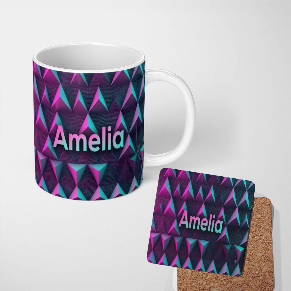 Personalized Custom Name Vibrant Neon Triangular Landscape Seamless Pattern Retro Futuristic 11oz Ceramic Coffee Tea Mug White Large Handle