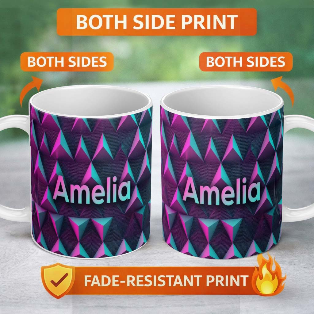 Personalized Custom Name Vibrant Neon Triangular Landscape Seamless Pattern Retro Futuristic 11oz Ceramic Coffee Tea Mug White Large Handle