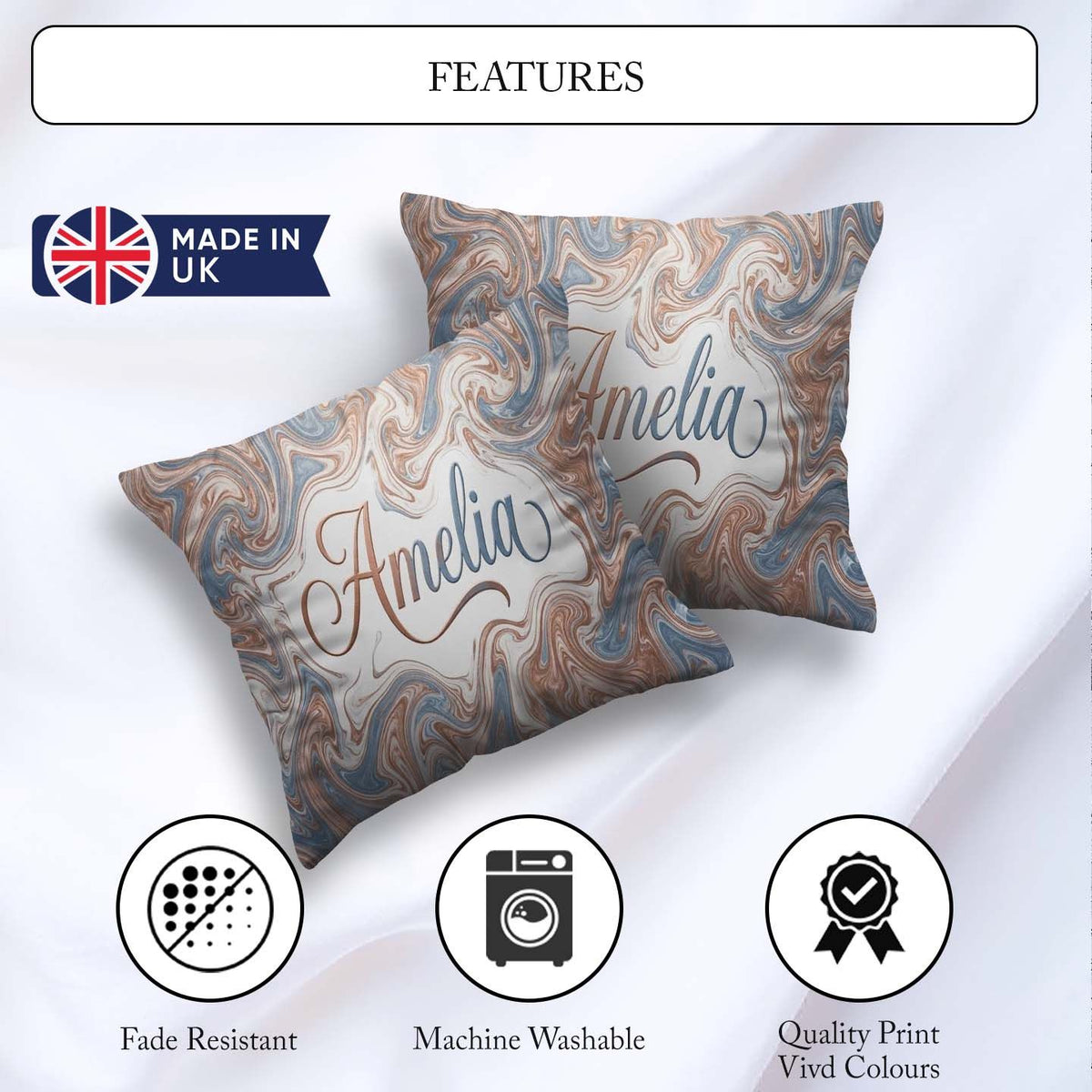 Custom Name Soft Pastel Marble Abstract Seamless Pattern Elegant Square Filled Cushion Throw Pillow Sofa Bed Home Decor Zip Washable UK Made