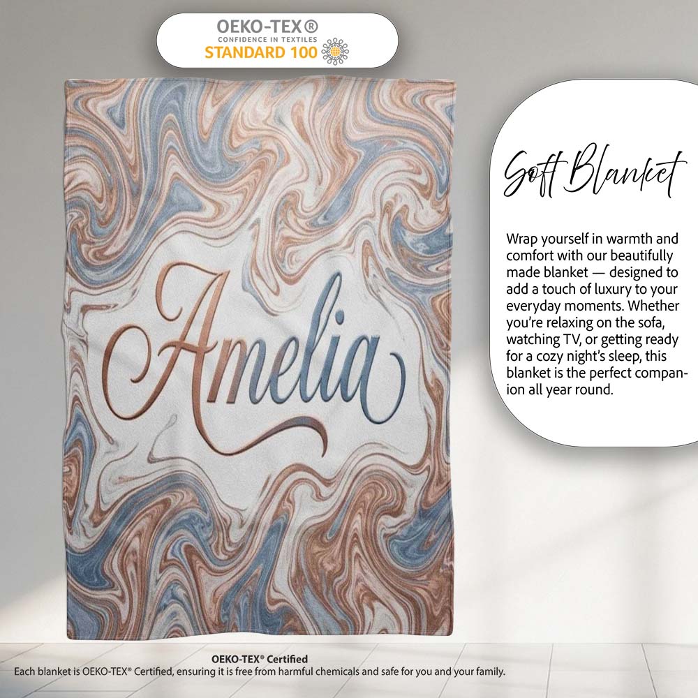 Soft Pastel Marble Swirl Abstract Seamless Pattern Elegant Fluid Personalised Custom Name Super Soft Fleece Blanket Bed Sofa Throw