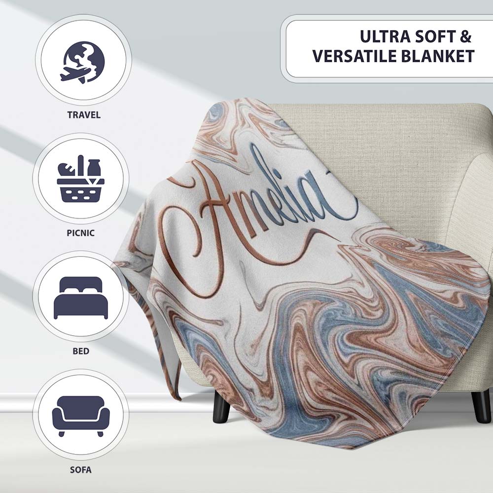 Soft Pastel Marble Swirl Abstract Seamless Pattern Elegant Fluid Personalised Custom Name Super Soft Fleece Blanket Bed Sofa Throw
