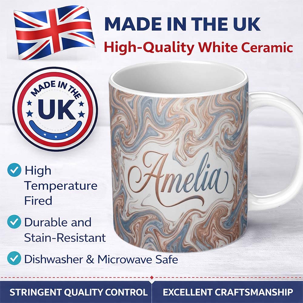 Personalized Custom Name Soft Pastel Marble Swirl Abstract Seamless Pattern Elegant Fluid 11oz Ceramic Coffee Tea Mug White Large Handle
