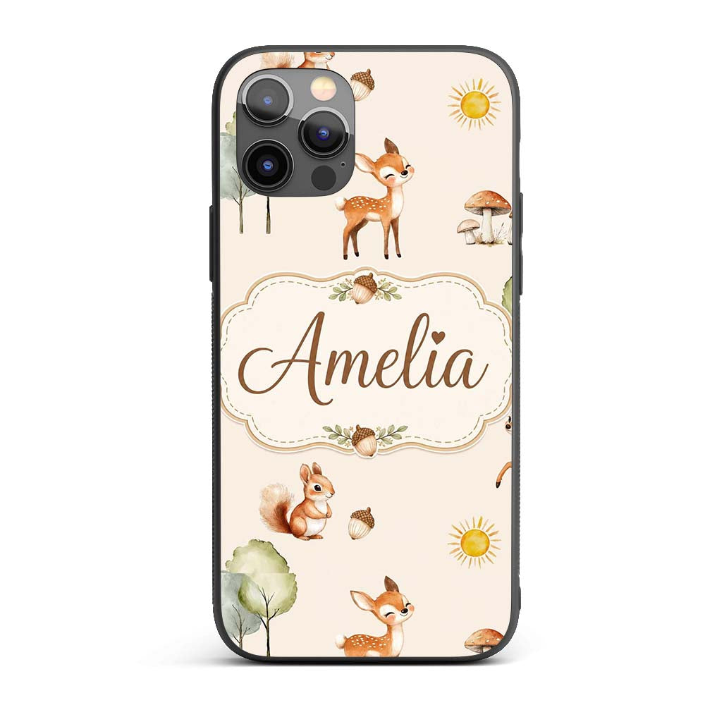 Cute Woodland Deer Fox Mushroom Seamless Pattern Custom Name Protective Phone Case Mobile Cover Durable Everyday Smartphone Shock Resistant