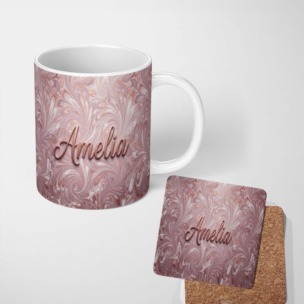 Personalized Custom Name Blush Pink Marble Flow Abstract Seamless Pattern Luxury Fluid 11oz Ceramic Coffee Tea Mug White Large Handle