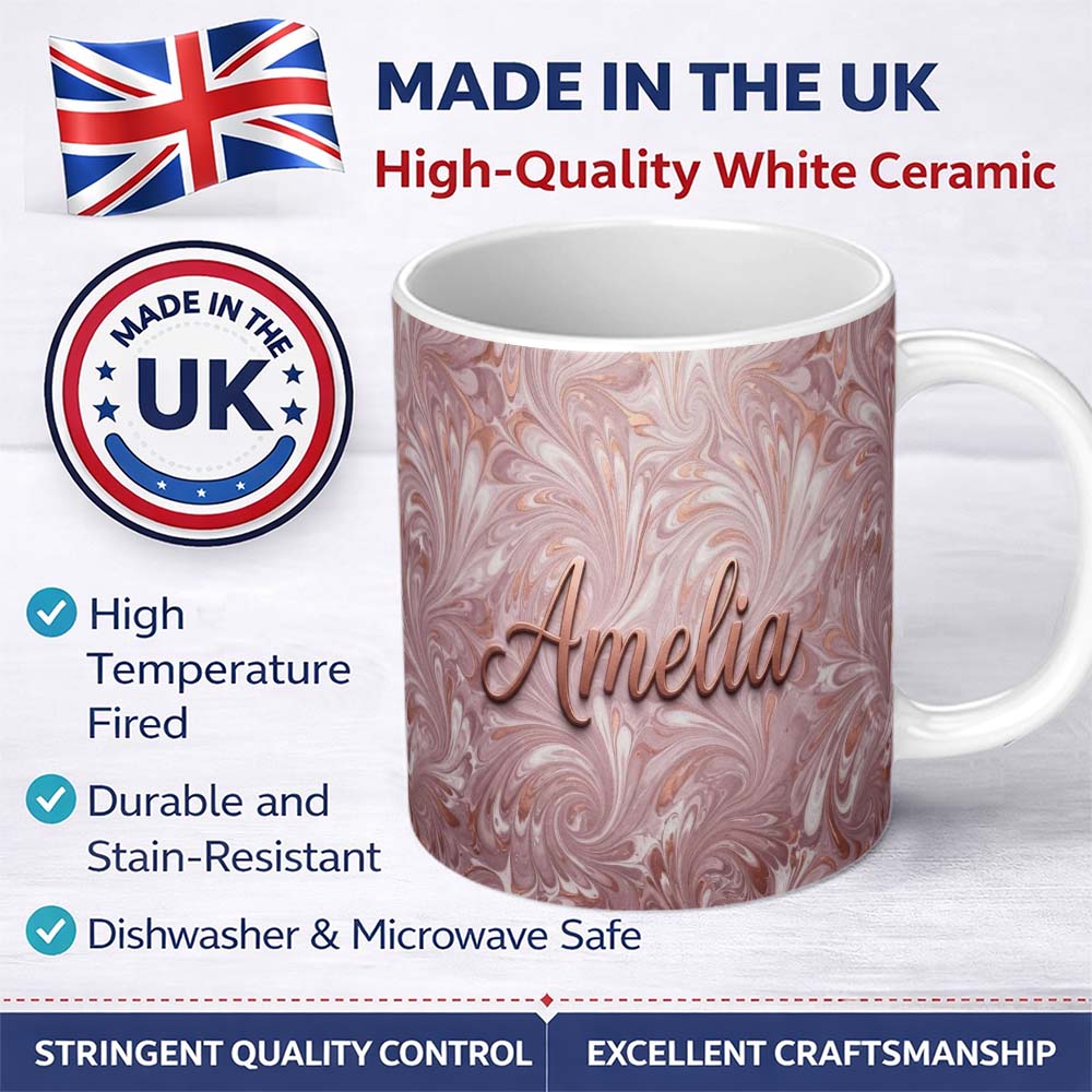 Personalized Custom Name Blush Pink Marble Flow Abstract Seamless Pattern Luxury Fluid 11oz Ceramic Coffee Tea Mug White Large Handle
