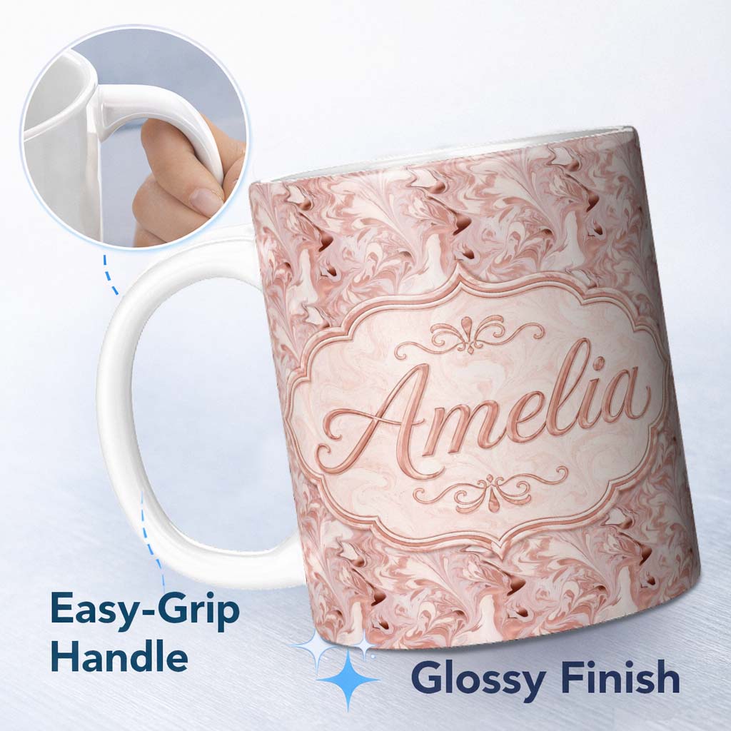 Personalized Custom Name Delicate Rose Marble Swirl Seamless Pattern Soft Feminine Fluid Art 11oz Ceramic Coffee Tea Mug White Large Handle