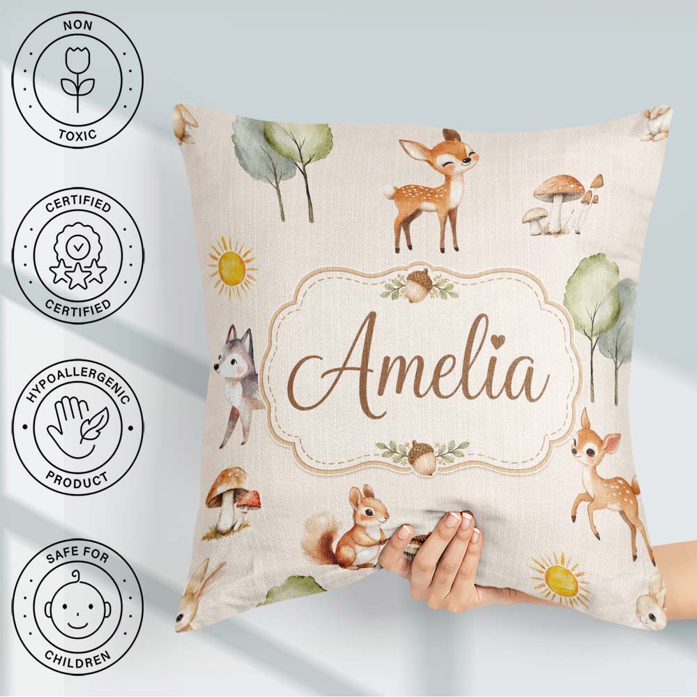 Custom Name Woodland Deer Fox Mushroom Seamless Pattern on Beige Square Filled Cushion Throw Pillow Sofa Bed Home Decor Zip Washable UK Made