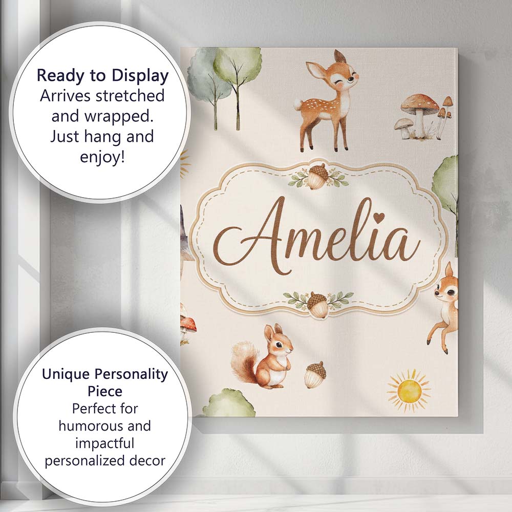 Personalised Name Cute Woodland Deer Fox Custom Unique Gift Idea Elegant Feature Canvas Wall Art Print Decor Picture Ready to Hang