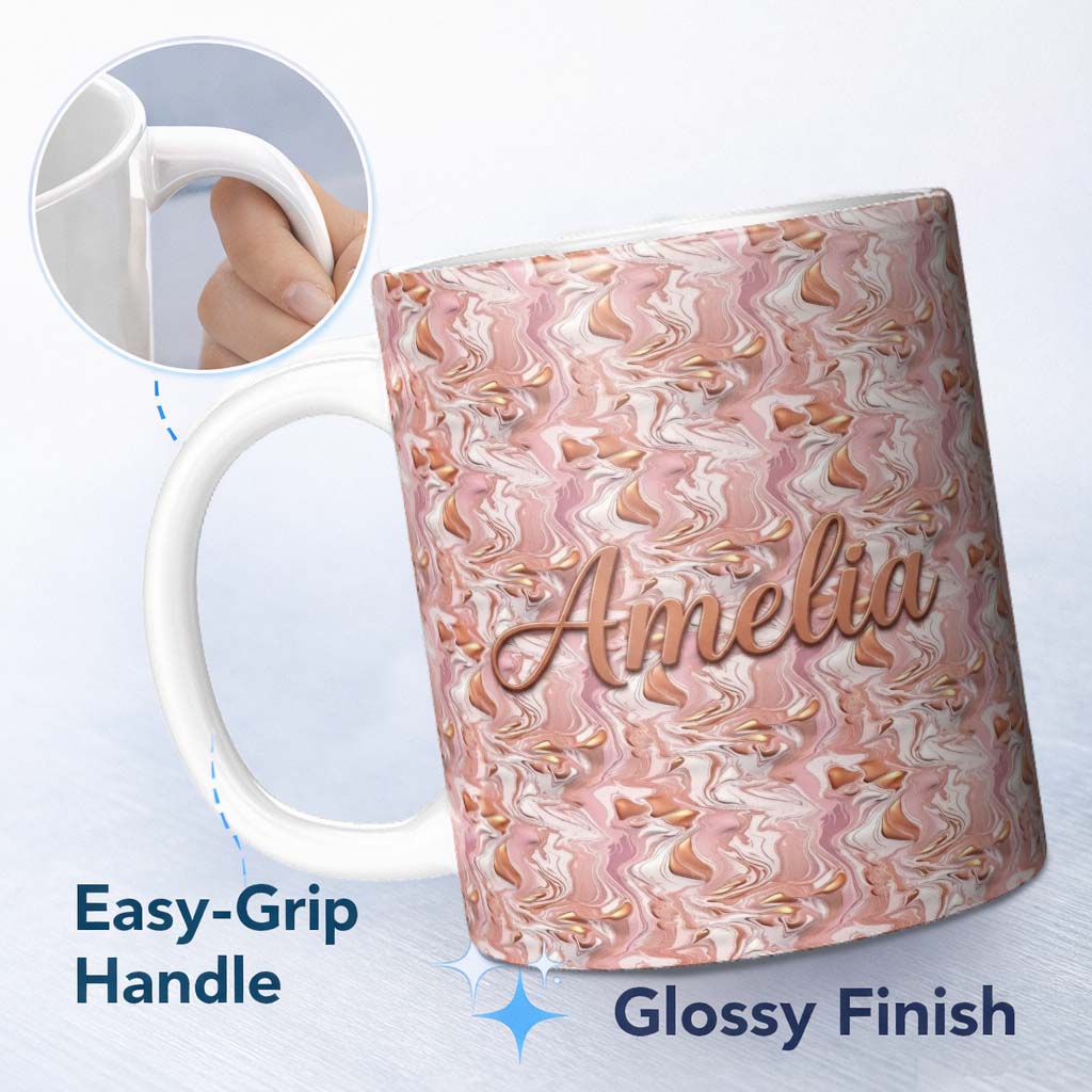 Personalized Custom Name Glossy Peach Marble Flow Seamless Pattern Metallic Fluid Abstract 11oz Ceramic Coffee Tea Mug White Large Handle