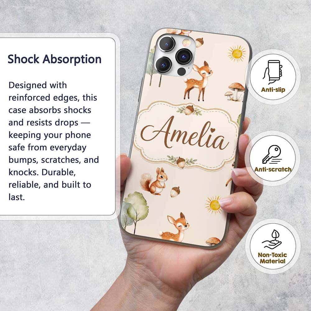 Cute Woodland Deer Fox Mushroom Seamless Pattern Custom Name Protective Phone Case Mobile Cover Durable Everyday Smartphone Shock Resistant