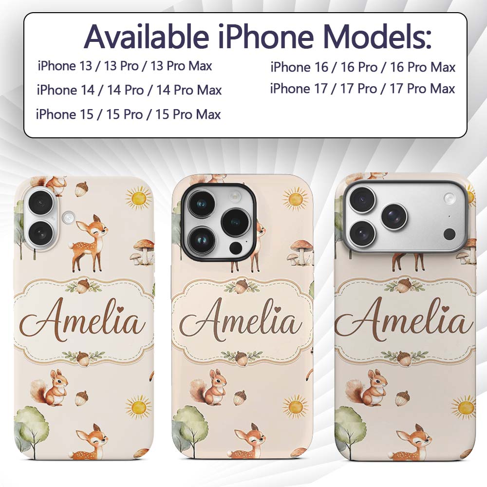 Cute Woodland Deer Fox Mushroom Seamless Pattern Custom Name Protective Phone Case Mobile Cover Durable Everyday Smartphone Shock Resistant