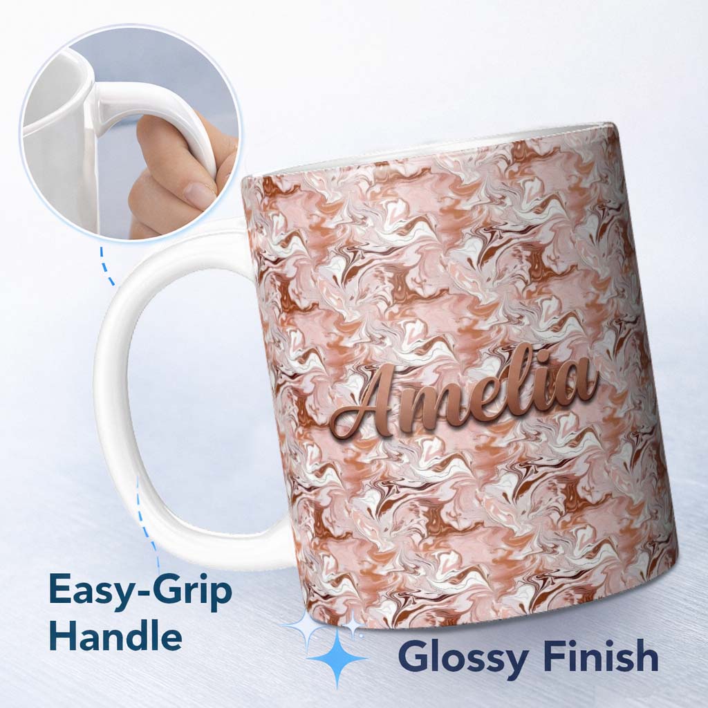 Personalized Custom Name Warm Terracotta Marble Swirl Seamless Pattern Earthy Fluid Design 11oz Ceramic Coffee Tea Mug White Large Handle