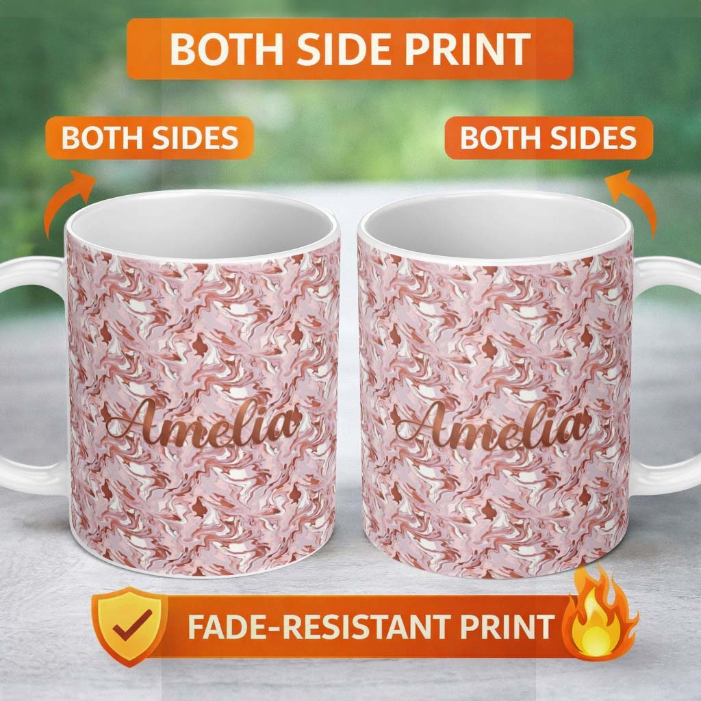 Personalized Custom Name Muted Pink Marble Flow Abstract Seamless Pattern Soft Fluid Texture 11oz Ceramic Coffee Tea Mug White Large Handle
