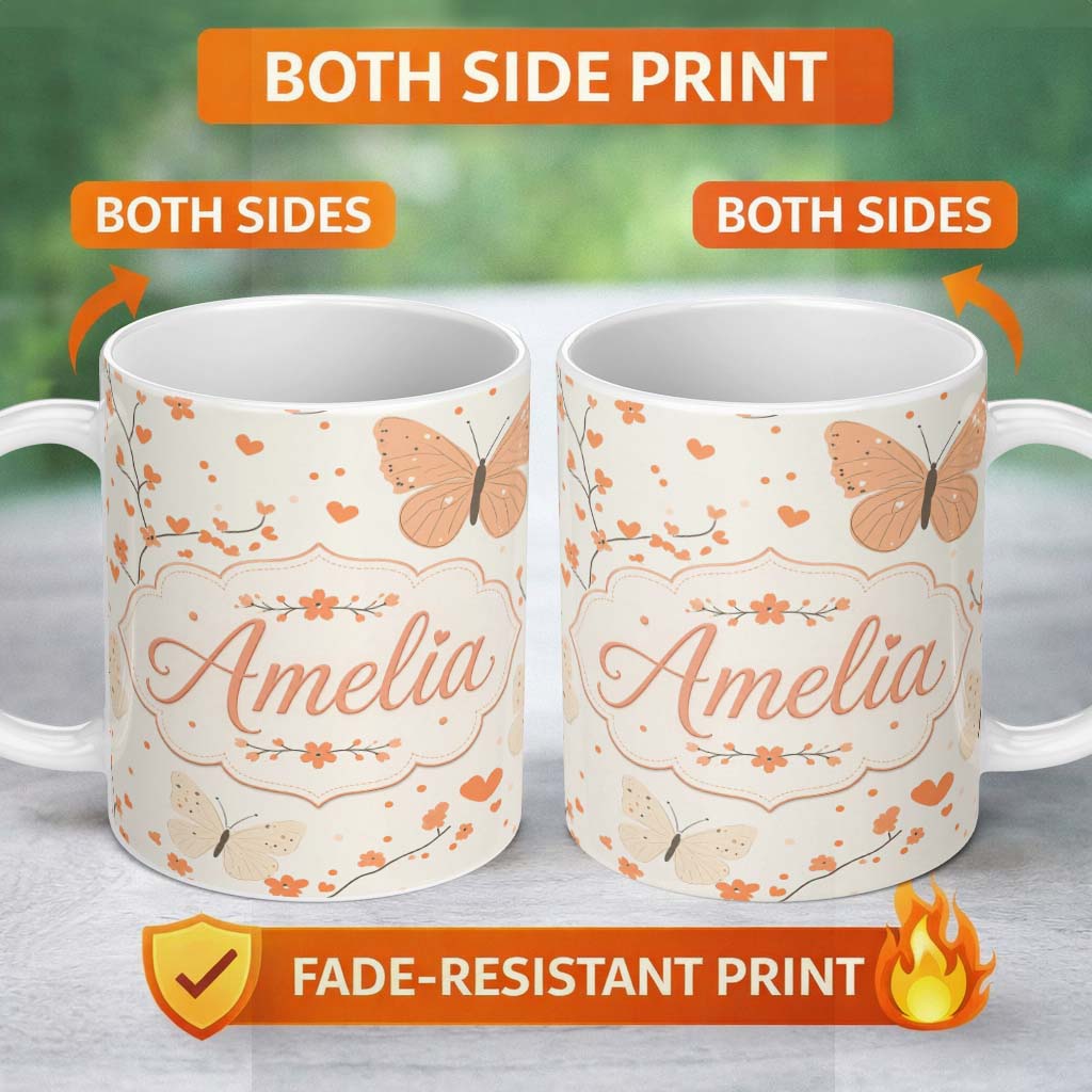 Personalized Custom Name Delicate Butterfly Floral Hearts Seamless Pattern Soft Beige 11oz Ceramic Coffee Tea Mug White Large Handle