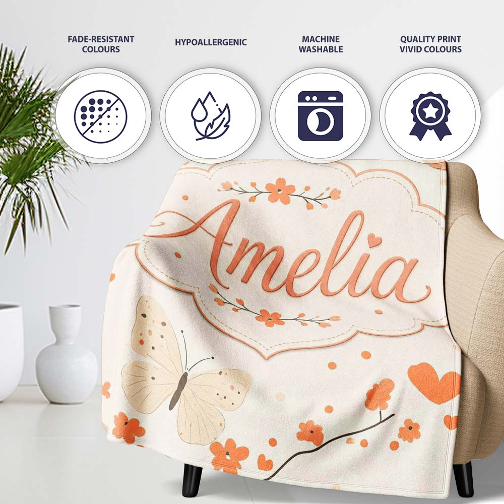 Delicate Butterfly Floral Hearts Seamless Pattern Soft Beige Personalised Custom Name Super Soft Fleece Blanket Bed Sofa Throw