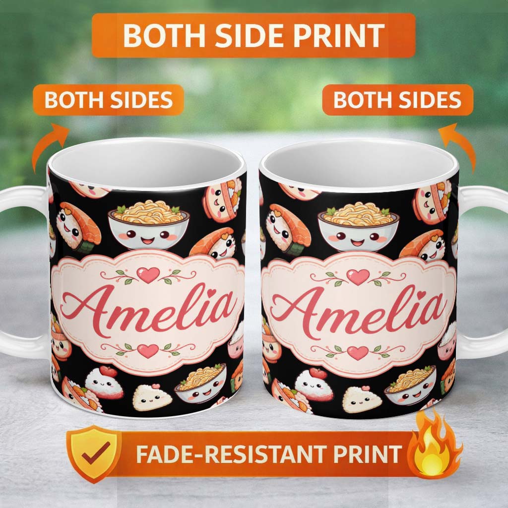 Personalized Custom Name Cute Kawaii Sushi And Japanese Food Seamless Pattern White Lovely 11oz Ceramic Coffee Tea Mug White Large Handle