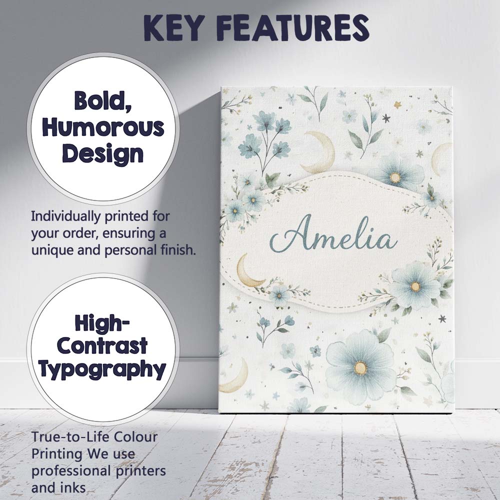 Personalised Name Blue Floral Moon Seamless Pattern Beautiful Coffee Custom Home Canvas Wall Art Print Decor Picture Ready to Hang