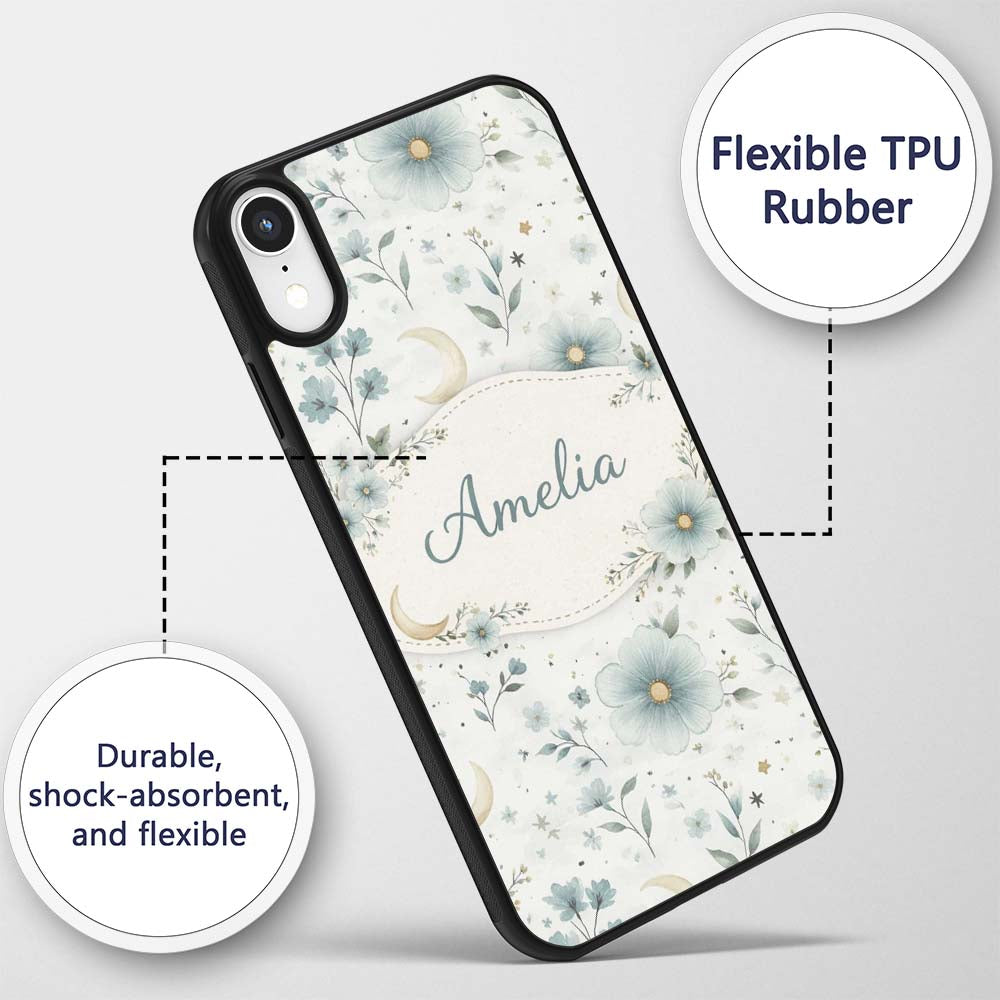 Blue Floral Moon Seamless Pattern Printed Design Custom Name Protective Phone Case Mobile Cover Durable Everyday Smartphone Shock Resistant