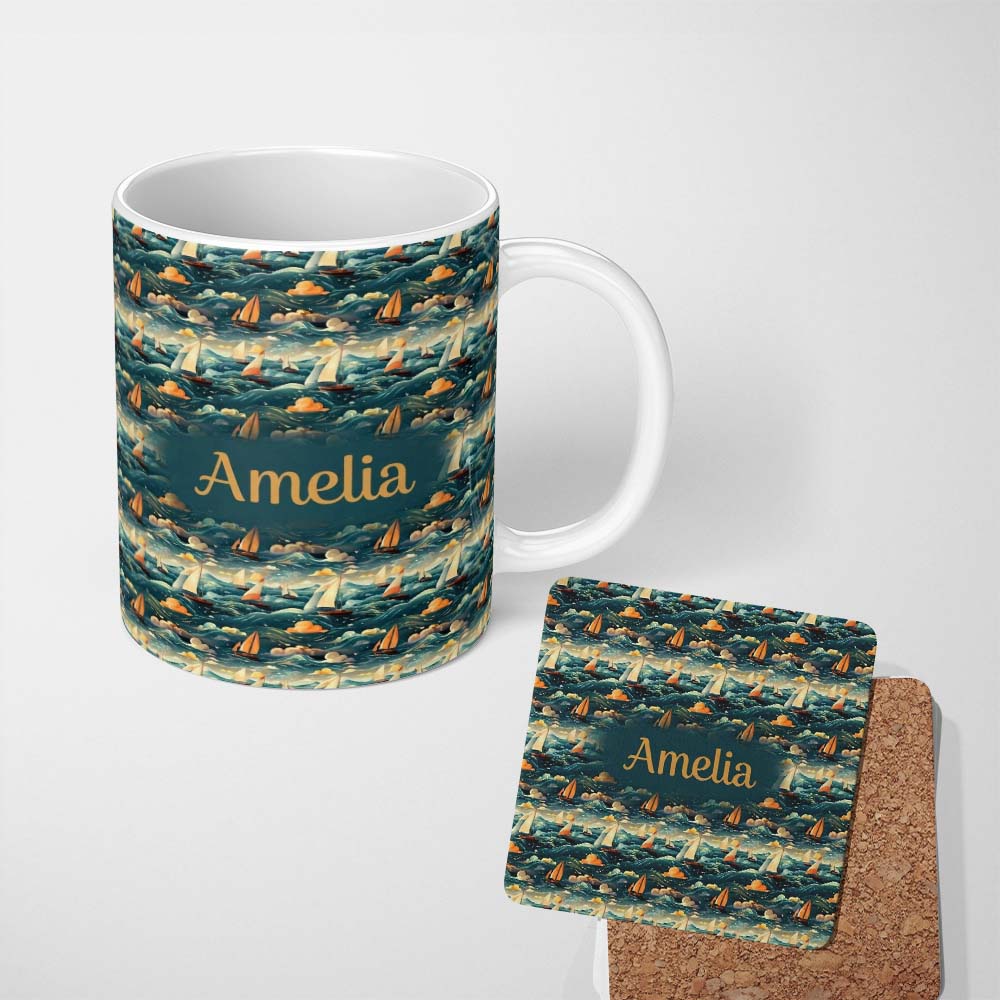 Personalized Custom Name Colorful Ocean Waves Sailboats Scenic Seamless Pattern Dramatic Sea 11oz Ceramic Coffee Tea Mug White Large Handle