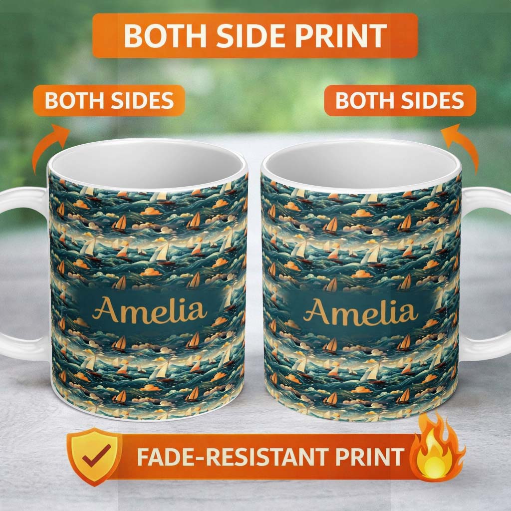 Personalized Custom Name Colorful Ocean Waves Sailboats Scenic Seamless Pattern Dramatic Sea 11oz Ceramic Coffee Tea Mug White Large Handle