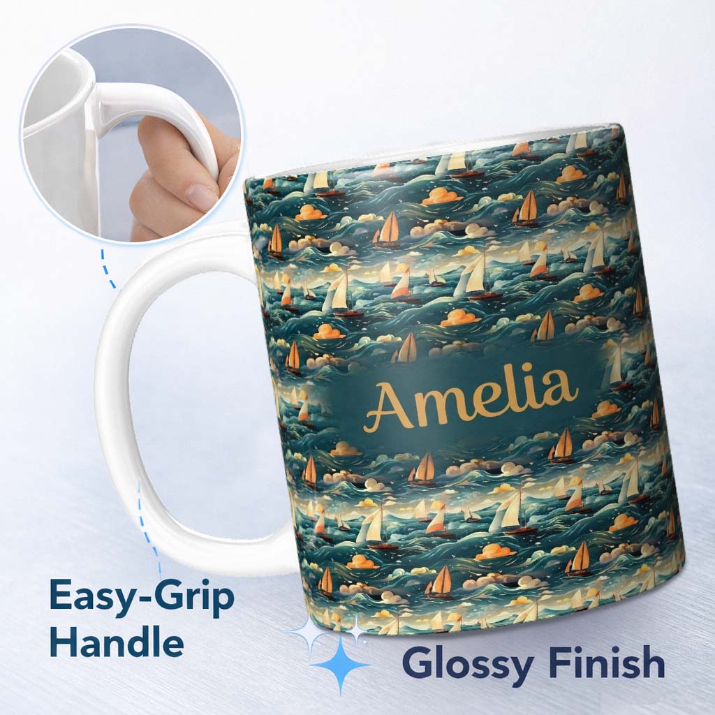 Personalized Custom Name Colorful Ocean Waves Sailboats Scenic Seamless Pattern Dramatic Sea 11oz Ceramic Coffee Tea Mug White Large Handle