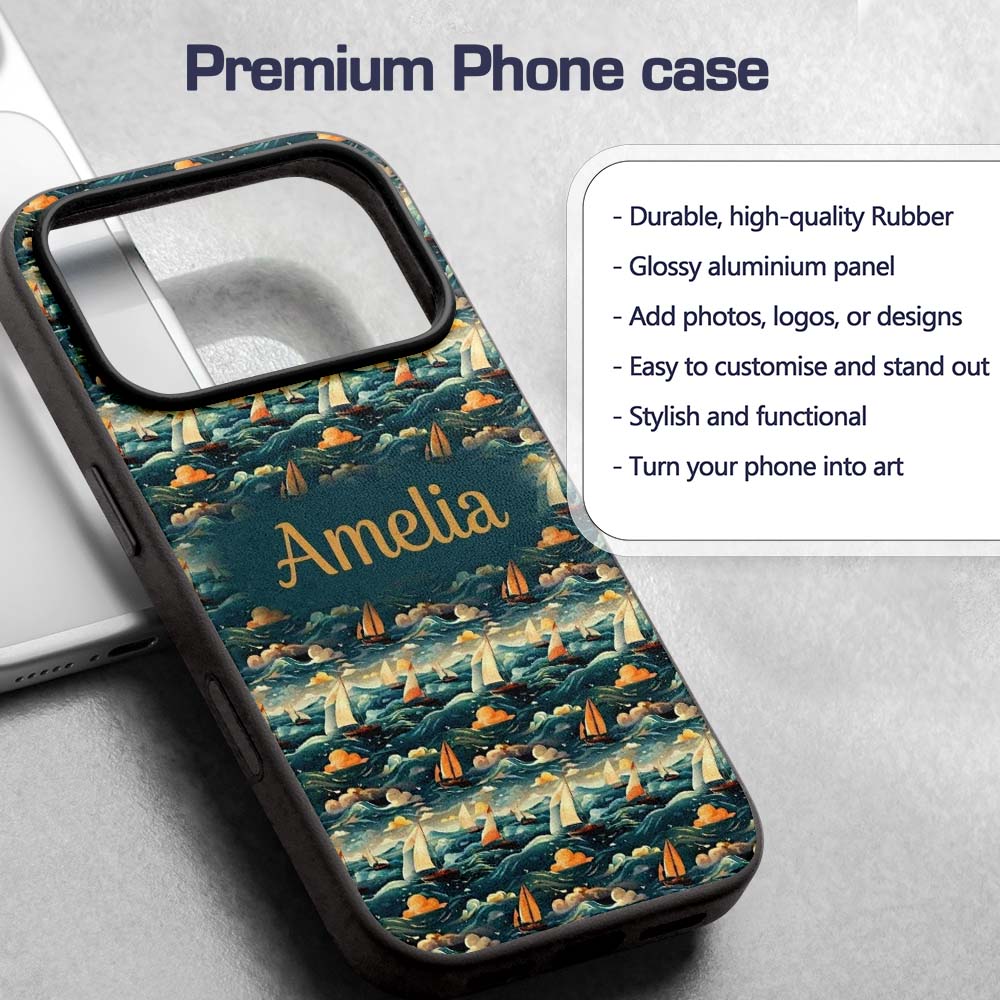Colorful Ocean Waves Sailboats Scenic Seamless Custom Name Protective Phone Case Mobile Cover Durable Everyday Smartphone Shock Resistant