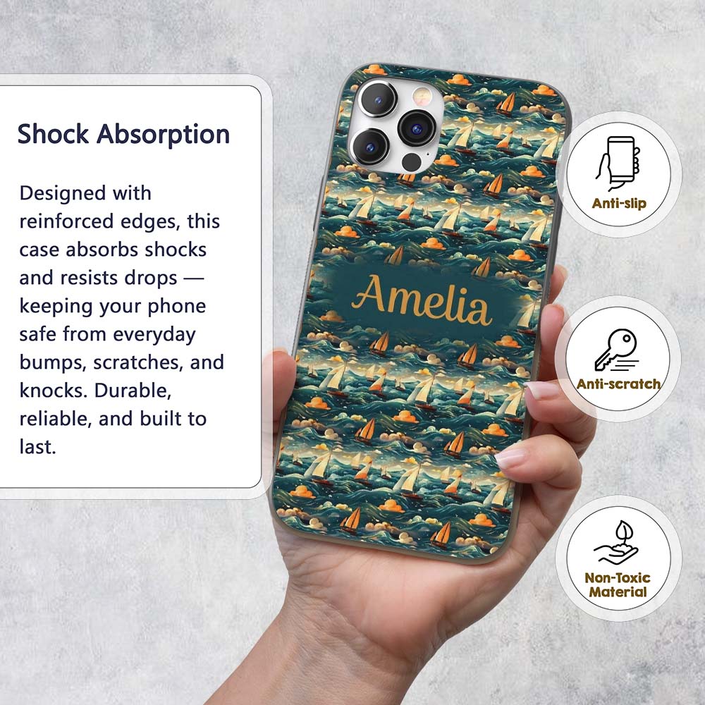 Colorful Ocean Waves Sailboats Scenic Seamless Custom Name Protective Phone Case Mobile Cover Durable Everyday Smartphone Shock Resistant