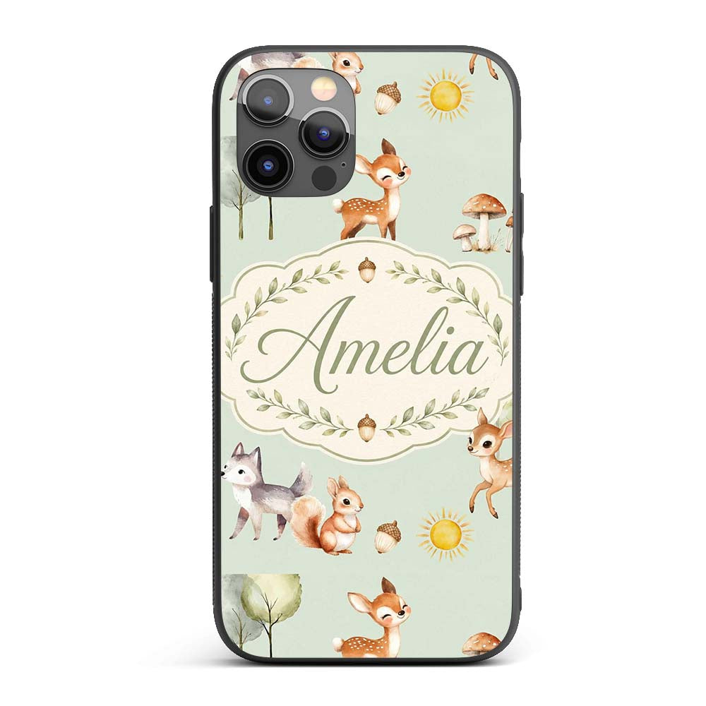 Cute Woodland Deer Fox Mushroom Seamless Pattern Custom Name Protective Phone Case Mobile Cover Durable Everyday Smartphone Shock Resistant