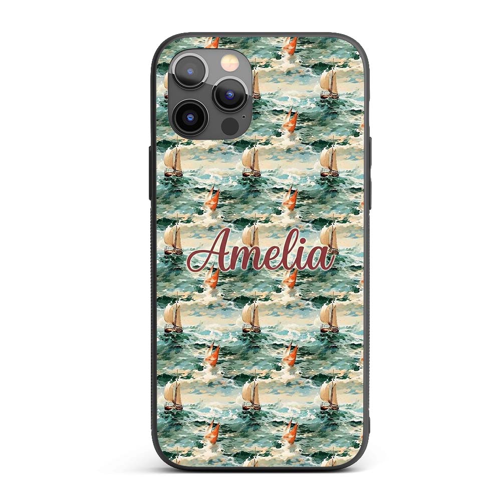 Classic Sailing Boats Rough Sea Seamless Pattern Custom Name Protective Phone Case Mobile Cover Durable Everyday Smartphone Shock Resistant