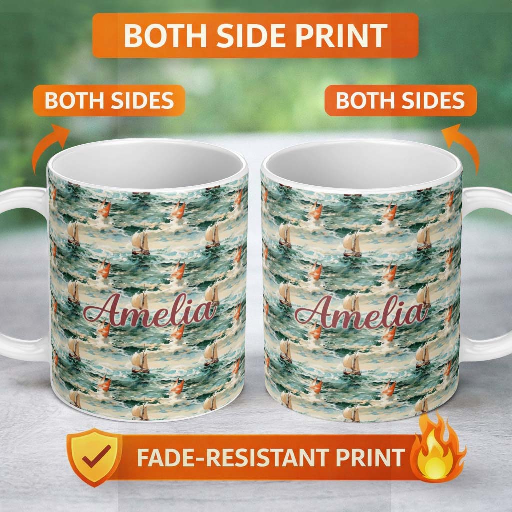 Personalized Custom Name Classic Sailing Boats Rough Sea Seamless Pattern Artistic Ocean 11oz Ceramic Coffee Tea Mug White Large Handle