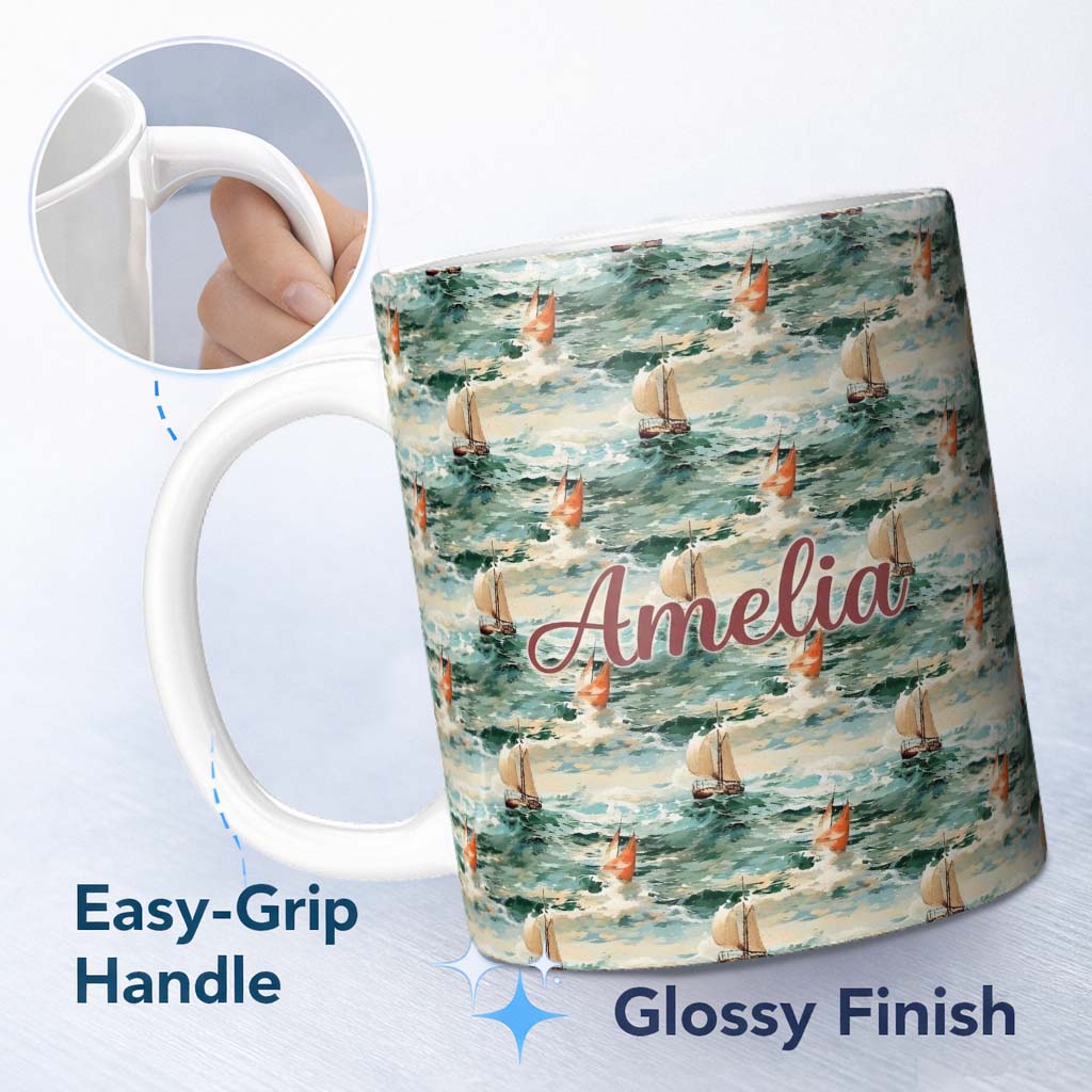 Personalized Custom Name Classic Sailing Boats Rough Sea Seamless Pattern Artistic Ocean 11oz Ceramic Coffee Tea Mug White Large Handle