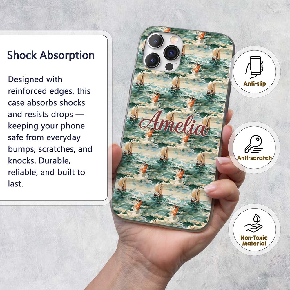 Classic Sailing Boats Rough Sea Seamless Pattern Custom Name Protective Phone Case Mobile Cover Durable Everyday Smartphone Shock Resistant