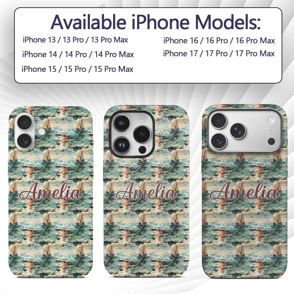 Classic Sailing Boats Rough Sea Seamless Pattern Custom Name Protective Phone Case Mobile Cover Durable Everyday Smartphone Shock Resistant