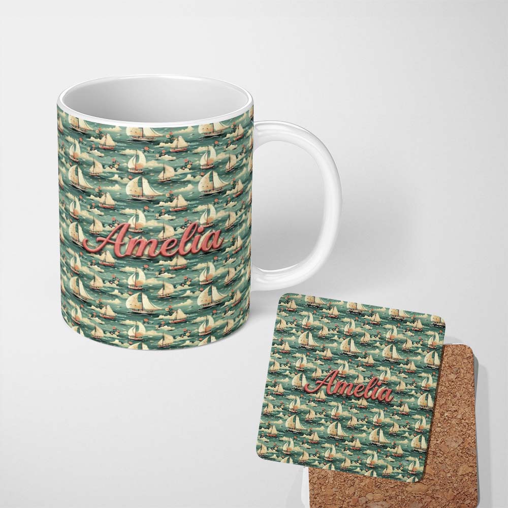 Personalized Custom Name Charming Sailboats Floral Sea Seamless Pattern Whimsical Coastal 11oz Ceramic Coffee Tea Mug White Large Handle