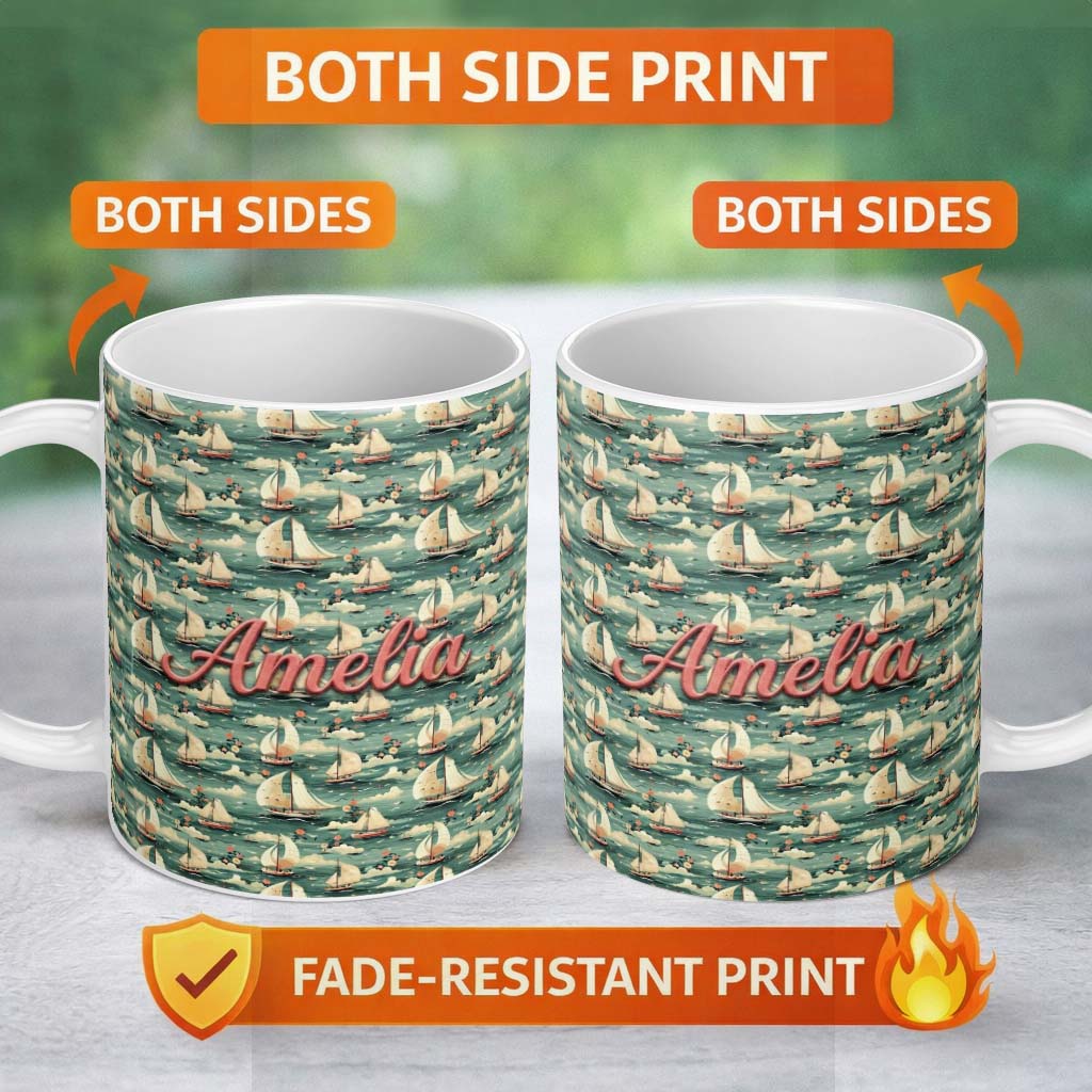 Personalized Custom Name Charming Sailboats Floral Sea Seamless Pattern Whimsical Coastal 11oz Ceramic Coffee Tea Mug White Large Handle