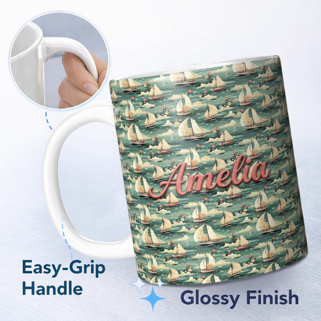 Personalized Custom Name Charming Sailboats Floral Sea Seamless Pattern Whimsical Coastal 11oz Ceramic Coffee Tea Mug White Large Handle