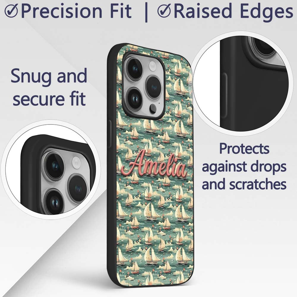 Charming Sailboats Floral Sea Seamless Pattern Custom Name Protective Phone Case Mobile Cover Durable Everyday Smartphone Shock Resistant